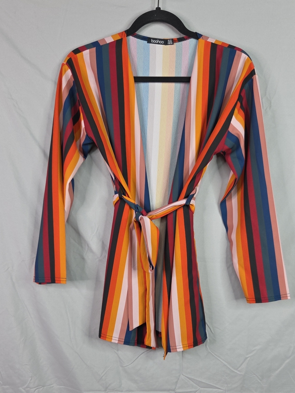 Boohoo Bold Multicolor Vertical Stripe Tie-Waist Cardigan